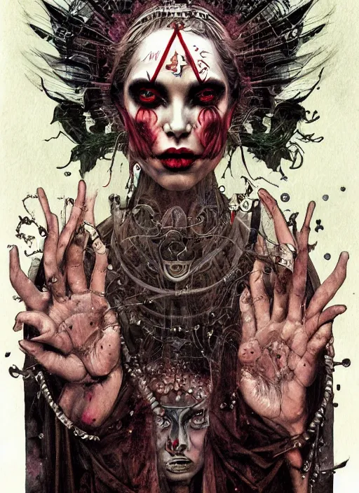 Prompt: tripping magic cult psychic woman, painted face, third eye, energetic consciousness psychedelic, epic surrealism expressionism symbolism, symmetrical face, dark myth mythos, by joao ruas, masterpiece