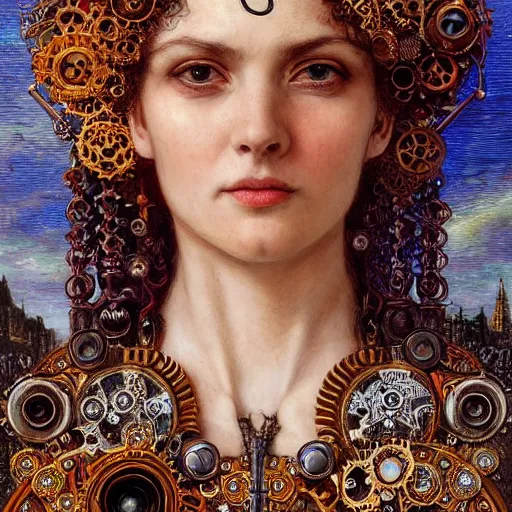 Image similar to A steampunk beautiful goddess, she is curly, she is embellished with gears wheels and gemstones, by William Holman Hunt, Greg Rutkowski, Stanely Artgerm, Tooth Wu, Peter Gric, Aaron Horkey, trending on Artstation, digital art, mythological, symmetrical artwork, cinematic lighting, hyper realism, high detail, octane render, ultra realistic, golden ratio, 4k, 8k