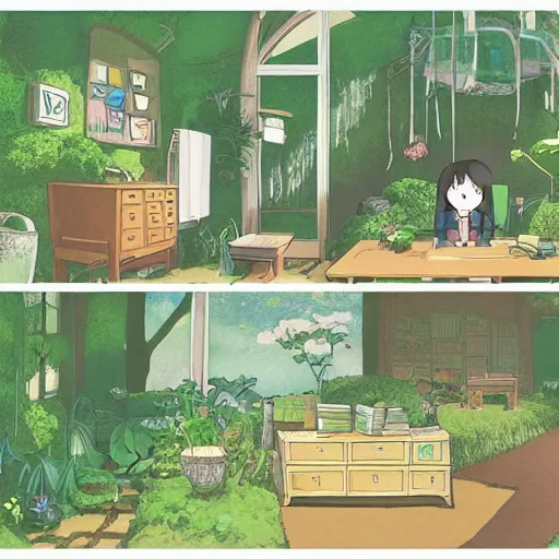 Prompt: overgrown home office by Studio Ghibli