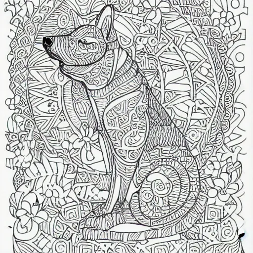 Image similar to Black and white coloring book page of a Shiba Inu