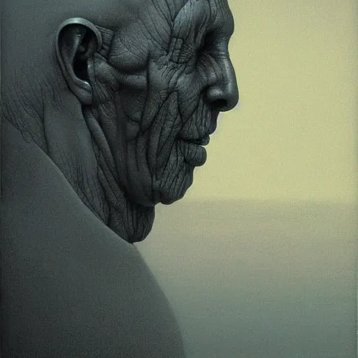 Prompt: human with metallic face by Zdzisław Beksiński