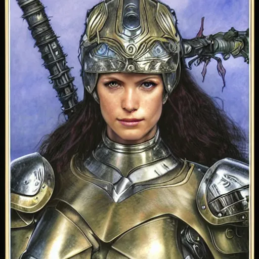 Image similar to head and shoulders portrait of a armored female paladin, d & d, fantasy, luis royo, magali villeneuve, donato giancola, wlop, krenz cushart, hans zatka, klimt, alphonse mucha