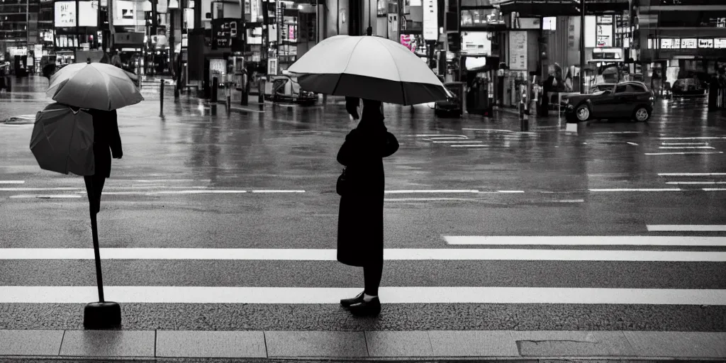 Image similar to A lonely woman with an umbrella waiting to cross Shibuyas crossing in Japan, back facing the camera, rainy afternoon, dramatic contrasting light