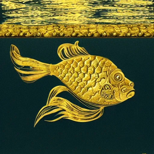 Prompt: ornate steampunk goldfish, gold and white etching, underwater, caustics