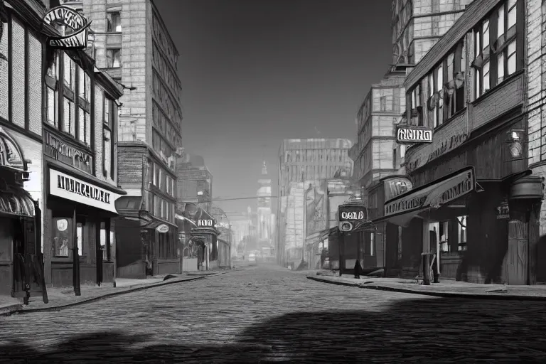 Image similar to still photo of a 1 9 0 0 s street, film noir, black and white color aesthetic, highly detailed, photorealistic portrait, bright studio setting, studio lighting, crisp quality and light reflections, unreal engine 5 quality render