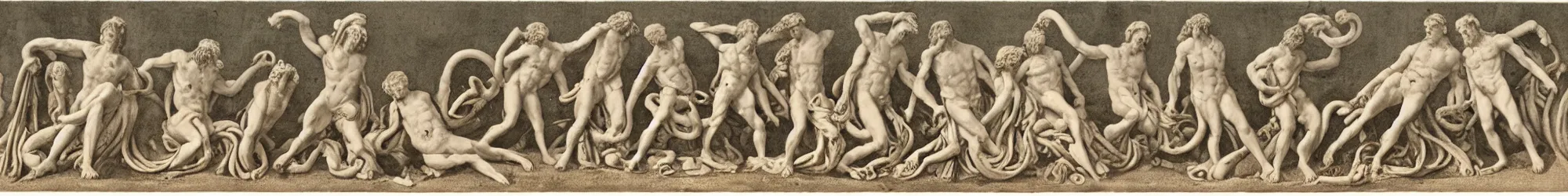 Image similar to long line-up of laocoon and his sons struggling with serpents, intertwined full body view, colorized postcard photography, white background