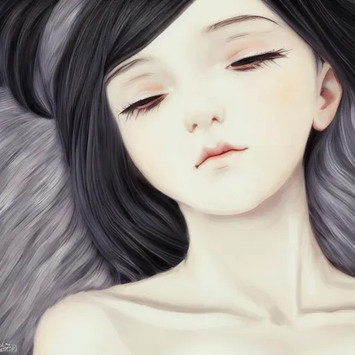 Image similar to little girl with an long black hair dressed in a simple white dress sleeping, anime art style, digital art ilya kuvshinov, inspired by balthus, hd, 4 k, hyper detailed, dark, anatomically correct, angelic face, pic