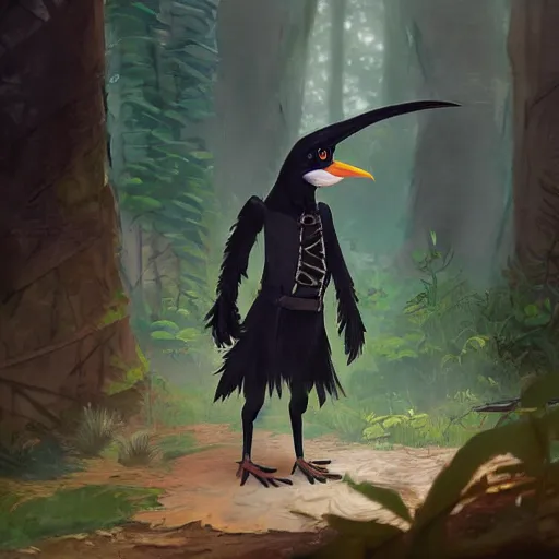 Image similar to concept art painting of an anthropomorphic crow with steampunk clothes, in the deep forest, realistic, detailed, cel shaded, in the style of makoto shinkai and greg rutkowski and james gurney