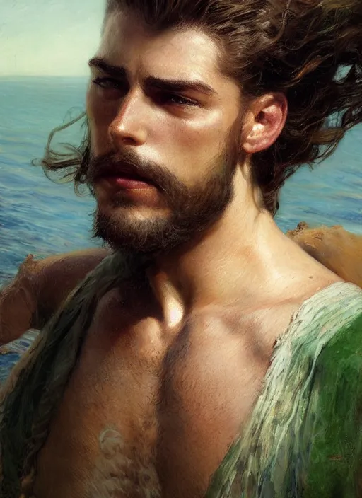 Image similar to detailed cinematic wide shot of muscular attractive young spanish man beard slim face symettrical face clean skin green eyes white hair wearing sea clothes, ultra realistic, spring light, painting by gaston bussiere, craig mullins, j. c. leyendecker