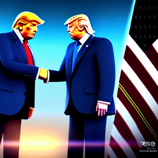 Image similar to joe biden handshakes donald trump ultra realistic, lens flare, atmosphere, glow, detailed, intricate, full of colour, cinematic lighting, trending on artstation, 4 k, hyperrealistic, focused, extreme details, unreal engine 5, cinematic, masterpiece, ultra realistic, hyper realistic, highly detailed, sharp focus, digital art