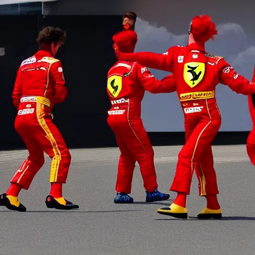 Image similar to Ferrari clowns dancing in front of crying Charles Leclerc