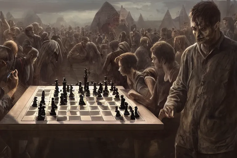 Image similar to a chess game where the pieces are zombies vs people, matte painting, long shot, concept art, wide shot, digital art, trending on artstation, 4 k, extremely detailed, realistic, midday, warm colors, golden sunlight, by greg rutkowski, cinematic, epic