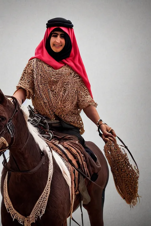 Image similar to hyperrealistic portrait from middle eastern burqa woman riding horse, with riffle in her chest, super highly detail, accurate boroque, without duplication content, white border frame, medium close up shot, justify content center, symmetrical, incrinate, cinematic, dust, award winning photos