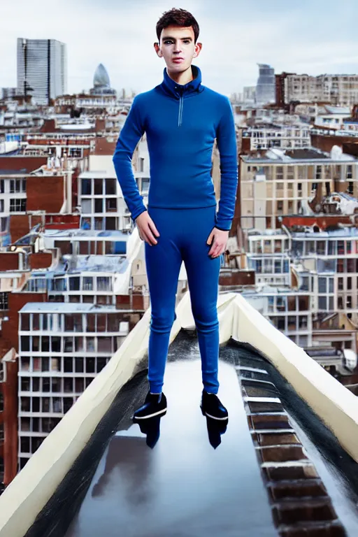 Image similar to un ultra high definition studio quality photographic art portrait of a young man standing on the rooftop of a british apartment building wearing soft padded silver pearlescent clothing. three point light. extremely detailed. golden ratio, ray tracing, volumetric light, shallow depth of field. set dressed.