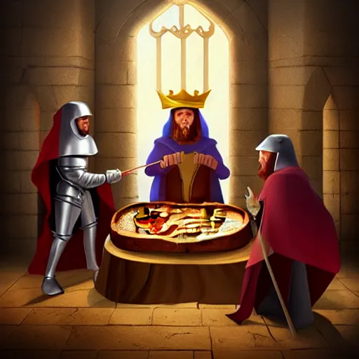 Prompt: medieval toast with king, queen and guests, realistic, artstation, fantasy