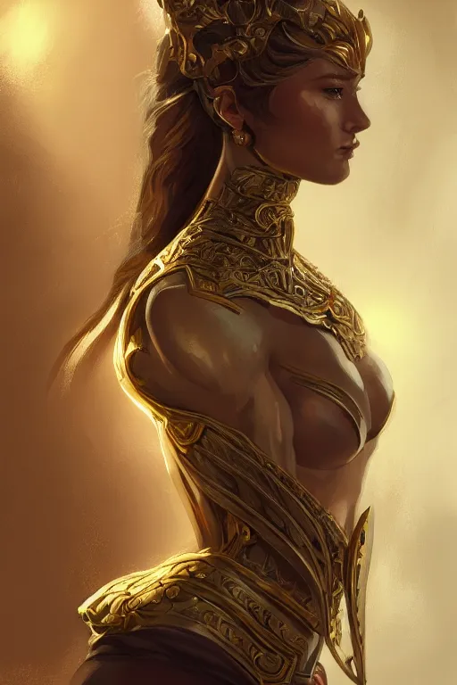 Image similar to three-quarters portrait pose of a beautiful woman, strong body, shining gold armor, human warrior, fantasy, intricate, elegant, highly detailed, digital painting, artstation, concept art, matte, sharp focus,D&D, illustration, art by Stanley Lau