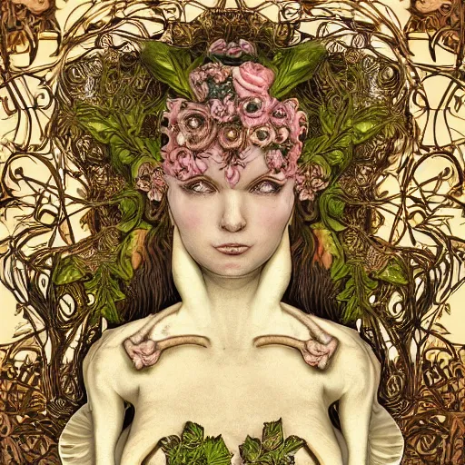 Image similar to a beautiful detailed front view baroque portrait of a rotten woman corpse with fractal plants and fractal flowers and mushrooms growing around, intricate, symmetrical, ornate, ornamentation, bones, in the style of art nouveau