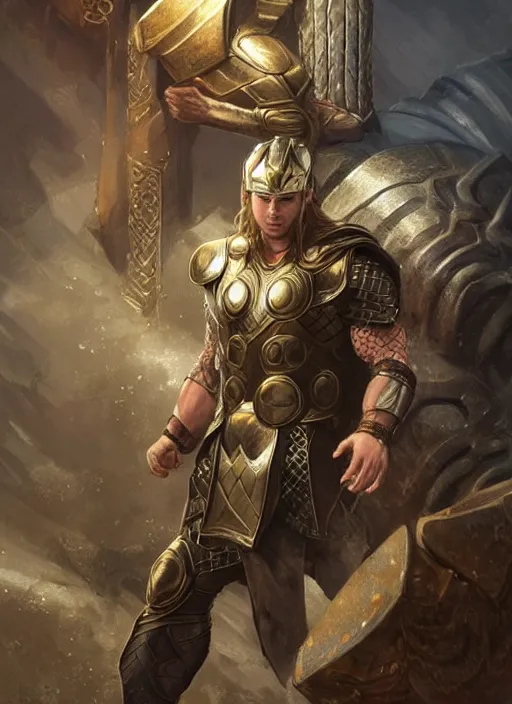 Image similar to a professional painting of a young Thor, wearing an ornate, muscle revealing, detailed, intricate golden armor, olive skin, long dark hair, intricate, elegant, digital painting, concept art, smooth, nice background bokeh, illustration, from StarCraft by Ruan Jia and Mandy Jurgens and Artgerm and William-Adolphe Bouguerea