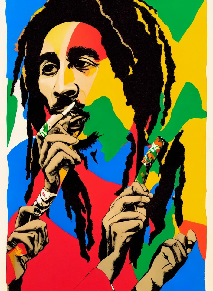 Prompt: graphic design of bob marley smoking a rolled sigarette by milton glaser and lilian roxon, detailed