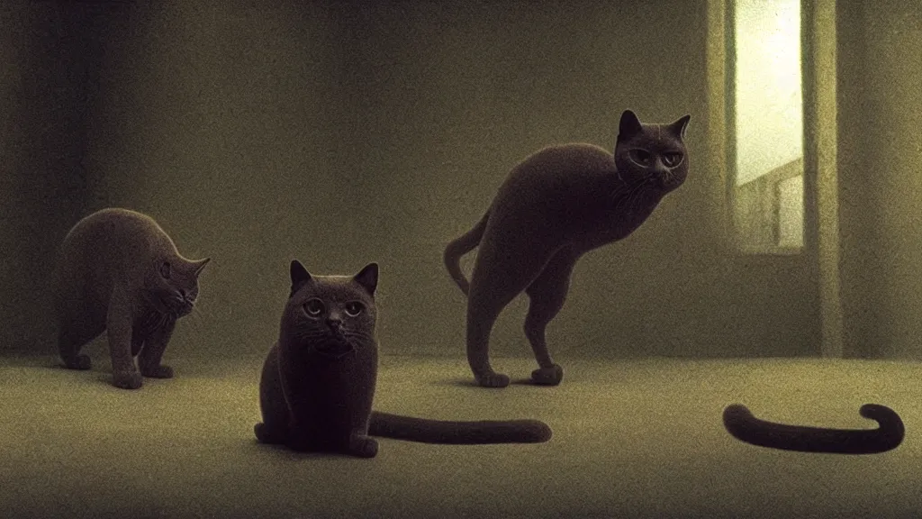 Image similar to the forbidden cat, film still from the movie directed by denis villeneuve and david cronenberg with art direction by salvador dali and zdzisław beksinski, wide lens