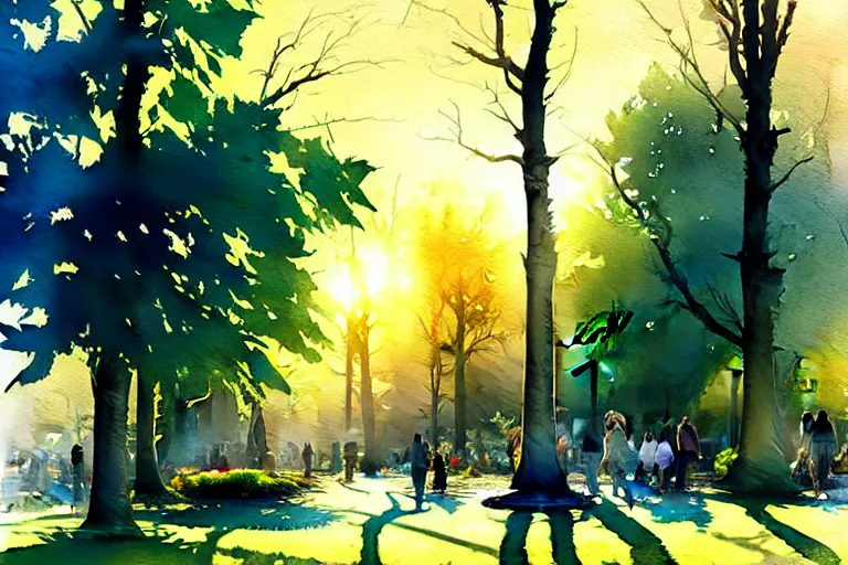 Image similar to small centered on watercolor paper, paint brush strokes, abstract watercolor painting of city park, daylight, shadows, foliage, sunlight, translucent leaves, cinematic light, national romanticism by hans dahl, by jesper ejsing, by anders zorn, by greg rutkowski, by greg manchess, by tyler edlin