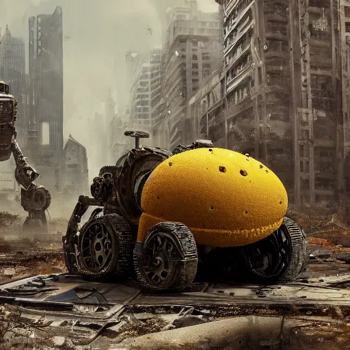 Image similar to Huge Sponge Bob mecha robot abandoned under a bridge. rusting, apocalyptic dystopia. unreal engine, 4k, trending on artstation, digital painting, highly detailed