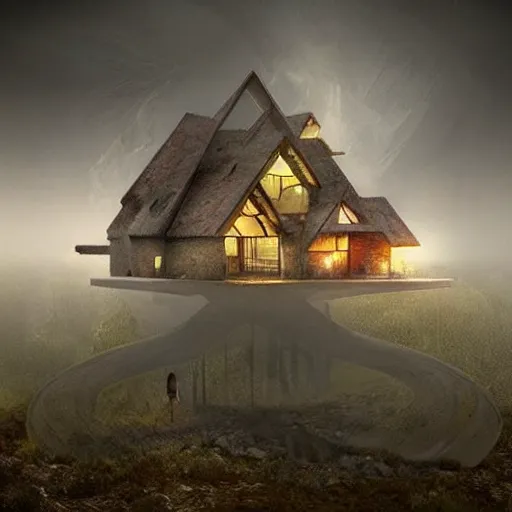 Prompt: unique house design, concept art, video game, award winning, strange, unusual, organic, earthen, vivid, lighting, volumetric, misty, rain, windows