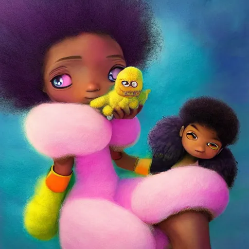 Image similar to a black princess girl with a colorful afro and big beautiful eyes playing with her furry pet, bright colours, watercolor, volumetric wool felting, macro photography, children illustration, by goro fujita