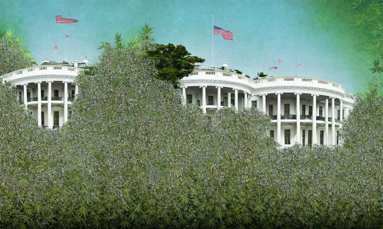 Image similar to a architectural portrait of the white house surrounded in wild blooming cannabis on a beautiful summer day, cg art, fine art, highly detailed, digital painting, cgi, volumetric lighting, sunny atmosphere