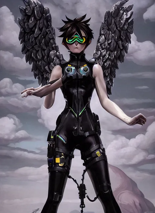 Image similar to full body artwork of tracer overwatch, wearing black latex outfit, in style of zdzisław beksinski, angel wings, dramatic painting, wearing detailed steel collar, black shiny armor, chains, black harness, detailed face and eyes,