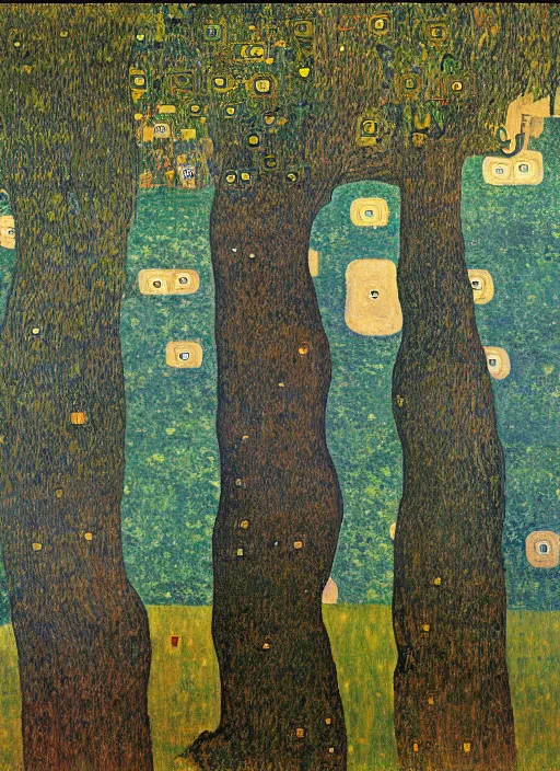 Image similar to a landscape painting of a cognitive optical illusion of trees, with four people who are trees in the foreground making extreme dynamic poses painted by gustav klimt, leonardo davinci