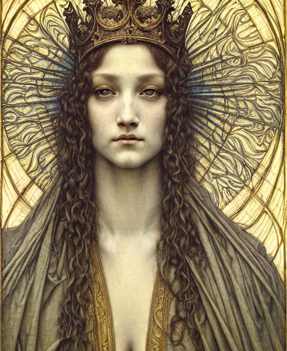 Image similar to detailed realistic beautiful young medieval queen face portrait by jean delville, gustave dore and marco mazzoni, art nouveau, symbolist, visionary, gothic, pre - raphaelite. horizontal symmetry