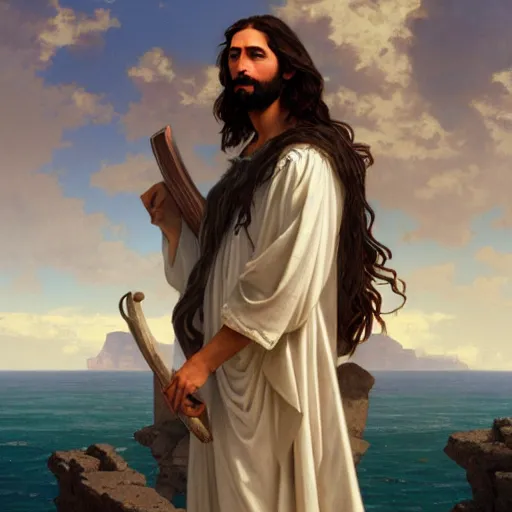 Image similar to a ridiculously good looking jesus that looks like a jewish gigachad, long curly hair, elegant ancient greek dress, very detailed, coast as the background, beautiful, intricate, cinematic, artstation, william bouguereau, alphonse mucha, greg rutkowski, rossdraws, octane render