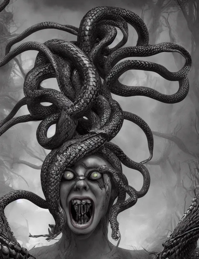 Image similar to Medusa, fantasy horror art, hissing scream, fangs, snakes for hair, scaly, detailed fantasy render, 8k, unreal engine with DLSS