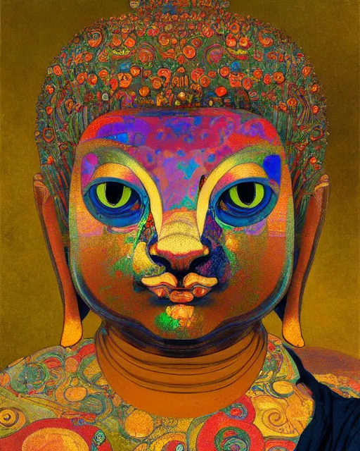 Image similar to buddha cat portrait an oil painting splashes with many colors and shapes by gustav klimt greg rutkowski and alphonse mucha, polycount, generative art, psychedelic, fractalism, glitch art