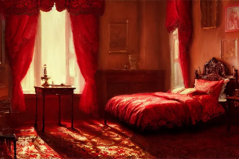 Prompt: an ornate red victorian bedroom, 1 8 9 0, key visual, conceptart, ambient lighting, highly detailed, digital painting, artstation, concept art, sharp focus, by makoto shinkai and akihiko yoshida and greg manchess