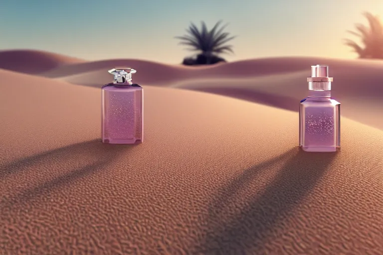 Prompt: perfume bottle buried in glittering oasis in the middle of a desert with little flowers, soft lilac skies, silky smooth, dramatic, mid day, sand dune background, large scale, wind - swept, lots of detail, realistic lighting, octane render, by wlop, artgerm, trending on artstation