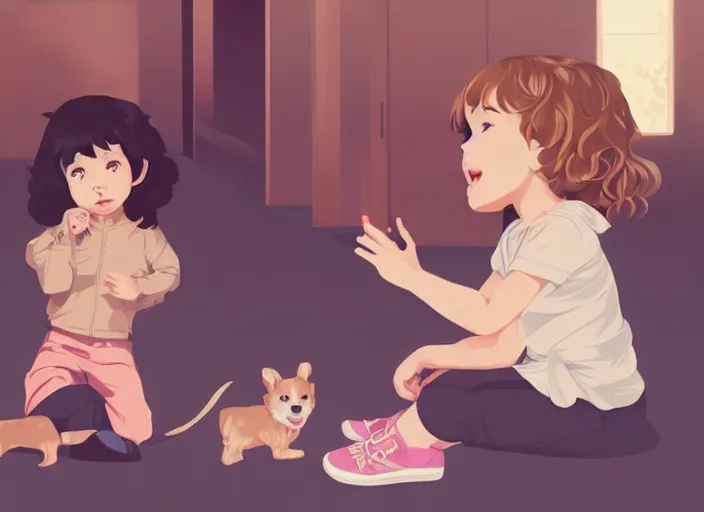 Image similar to a little girl with short wavy curly light brown hair is sitting next to a puppy. clean cel shaded vector art. shutterstock. behance hd by lois van baarle, artgerm, helen huang, by makoto shinkai and ilya kuvshinov, rossdraws, illustration, art by ilya kuvshinov