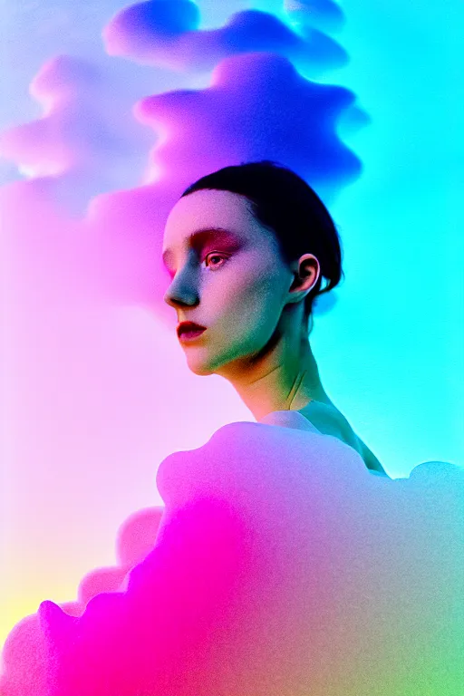 Image similar to high quality pastel coloured film close up wide angle photograph of a model wearing clothing swimming on cloud furniture in a icelandic black rock!! environment in a partially haze filled dreamstate world. three point light, rainbow. photographic production. art directed. pastel colours. volumetric clouds. pastel gradient overlay. waves glitch artefacts. extreme facial clarity. 8 k. filmic.