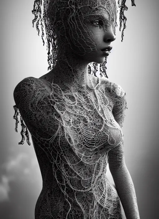 Image similar to surreal mythical dreamy dark artistic black and white fine art photo of a beautiful young female medusa - cyborg covered with lace fish scales and translucent algae, highly detailed, intricate crystal ivy jelly fish scales ornate, lace web, poetic, octane render, 8 k, photo - realistic