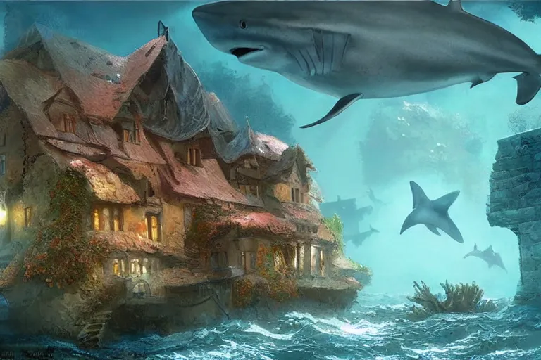 Image similar to underwater scene, on the sandy ocean floor, a typical european house with a slate roof, coral reef, school of fishes, shark, scenic view, atmospheric blue tonality matte painting by marc simonetti and hubert robert, trending on artstation