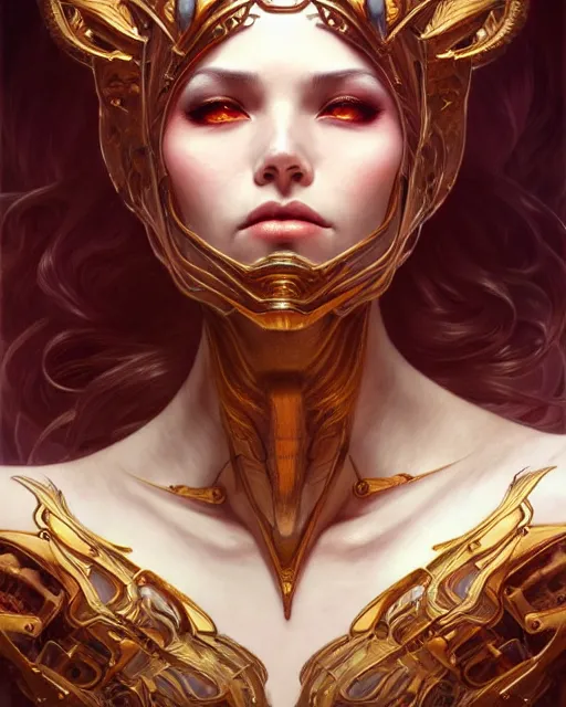 Prompt: concept art by artgerm, attractive i robot demon queen with crown and red eyes, soft natural light, intricate, elegant, highly detailed, digital painting, artstation, concept art, smooth, sharp focus, illustration, art by by gaston bussiere and greg rutkowski and alphonse mucha and uang guangjian and gil elvgren, symmetry!!