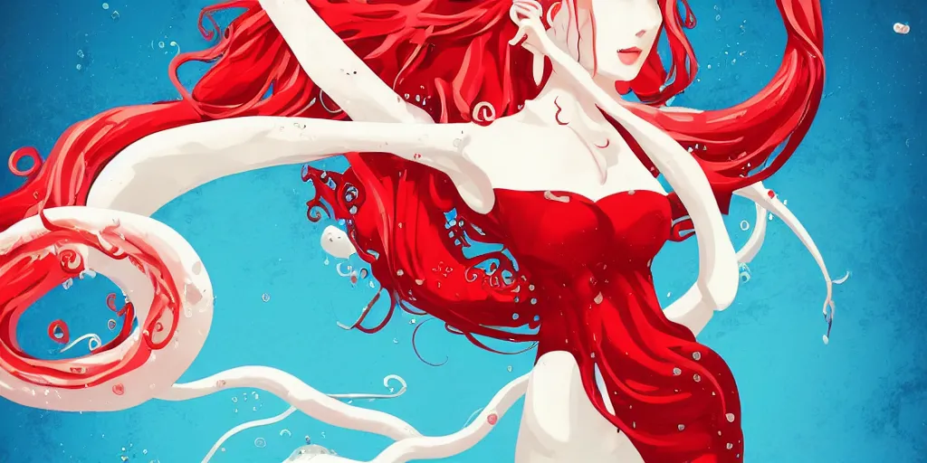 Prompt: a 2 meter woman white skin red dress standing in the middle of the image, gradient background, behance illustration, vector drawing, art by gibli studios, anime, tentacles wallpaper, sun, water splashed, high detailed, sharp focus, blue