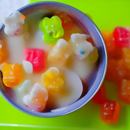 Image similar to Suudsu, skim milk with gummy bears floating in it, Food Network recipe photograph.