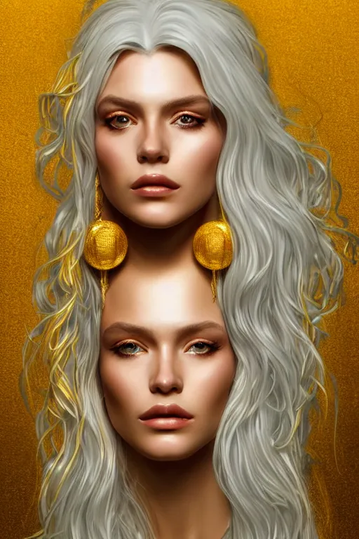 Prompt: Portrait of reistlin majere with long white hair, golden face, elegant, photorealistic, highly detailed, artstation, smooth, sharp focus, gold ornaments, neon lighting, sci-fi, art by Klimt