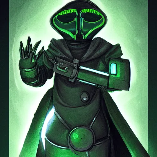 Prompt: sci - fi plague doctor power armor, inhumanly tall, inhumanly thin, black plate clawed hands, beaked helmet, green glow eyes, green glowing trim, plague, disease, illustration, award winning, digital art, trending on artstation, incredible, highly detailed, fantasy, sci - fi