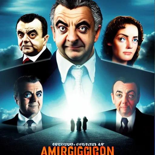 Image similar to armageddon movie poster with all characters faces swapped with rowan atkinson, high detail, realistic, 4 k