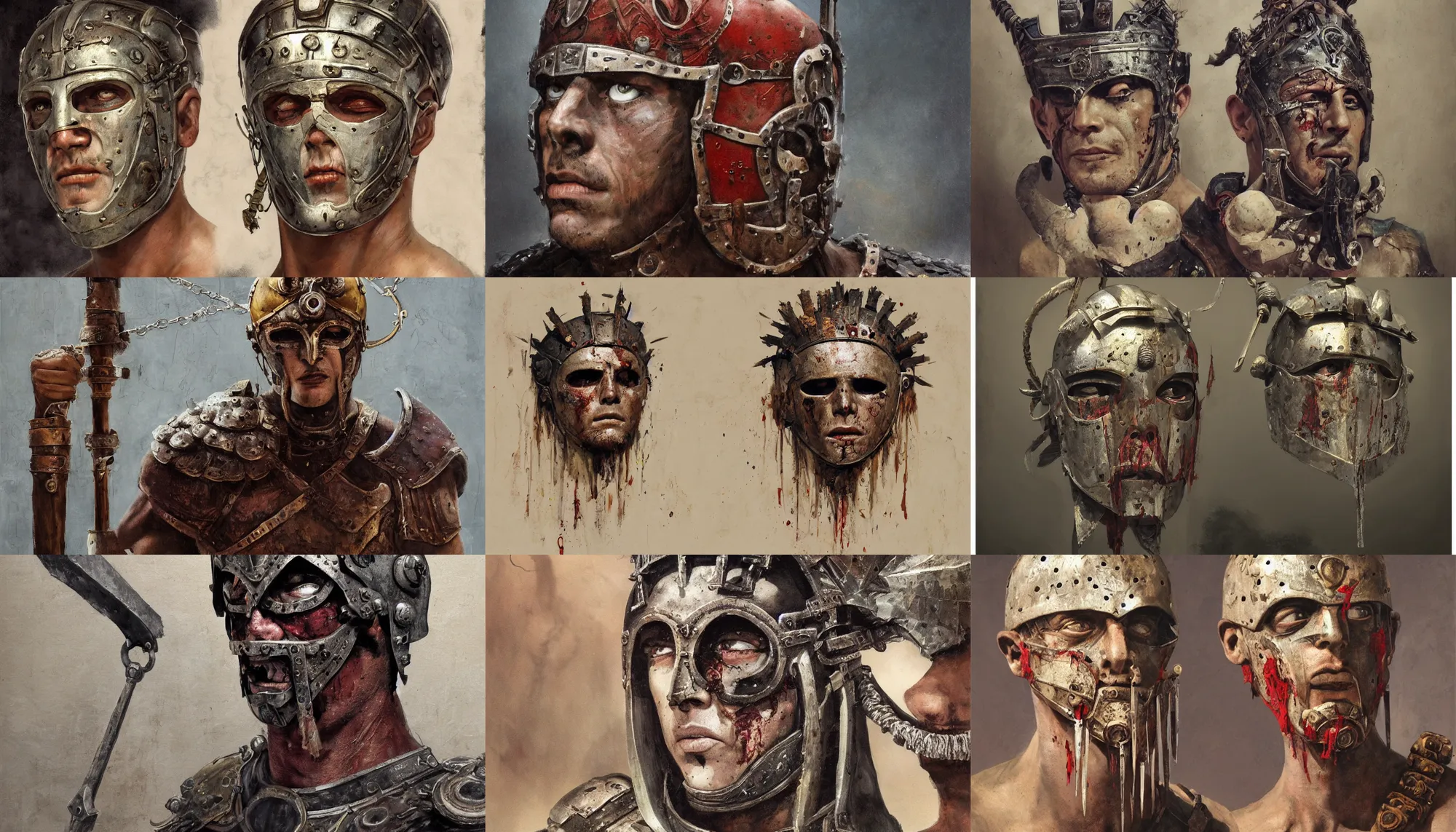 Image similar to A mixed media portrait painting of a man wearing the roman gladiator mask-of-Damocles, detailed mask, detailed jaw and eyes, detailed head and shoulders, dried blood, by Frank Frazetta, Greg Rutkowski, Beeple, Yoko Taro, Christian MacNevin, epic fantasy character art, roman numerals, high fantasy, CGsociety, full length, exquisite detail, post-processing, masterpiece, volumetric lighting, cinematic