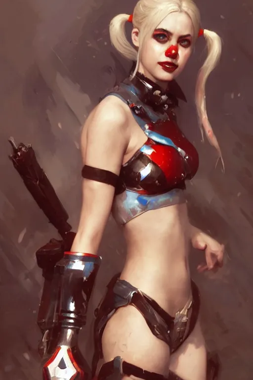 Image similar to portrait of Harley Quinn in bikini armor, dc comics, cyberpunk, Warhammer 40000, dark fantasy, digital art from artstation by Ruan Jia and Mandy Jurgens and Artgerm and william-adolphe bouguereau