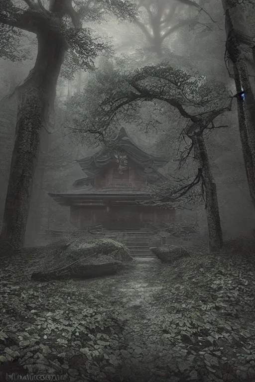 Image similar to Japanese abandoned temple in the woods, dark, moody, foggy, mysterious by Marc Simonetti